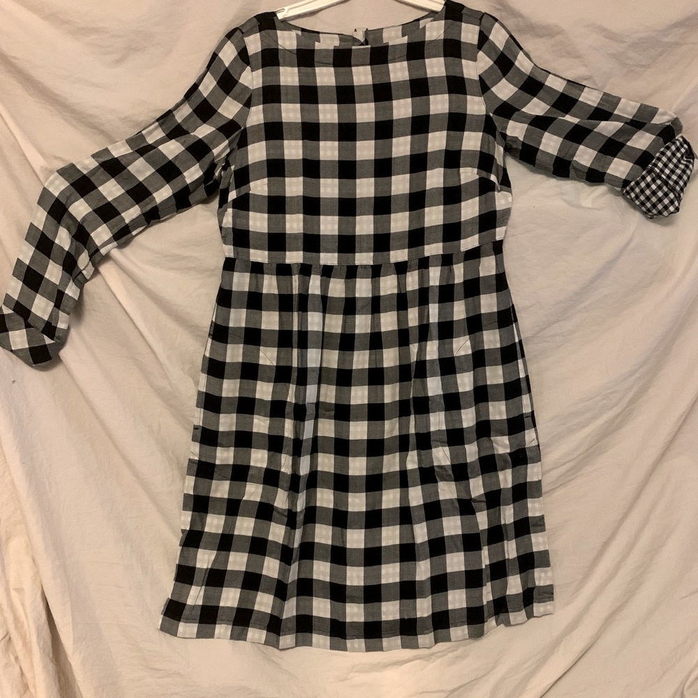 ✨💥J. Jill Rayon Buffalo Plaid Check Button Back Dress Roll Tab Sleeves Classic